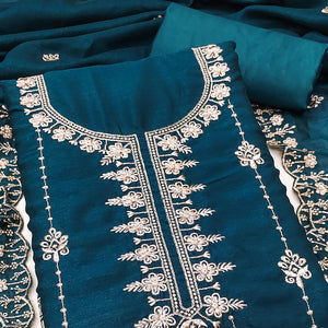 Morpich Blue Floral Elegance Zari Embroidered Vichitra Silk Dress Material