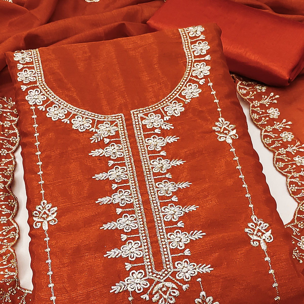 Orange Floral Elegance Zari Embroidered Vichitra Silk Dress Material