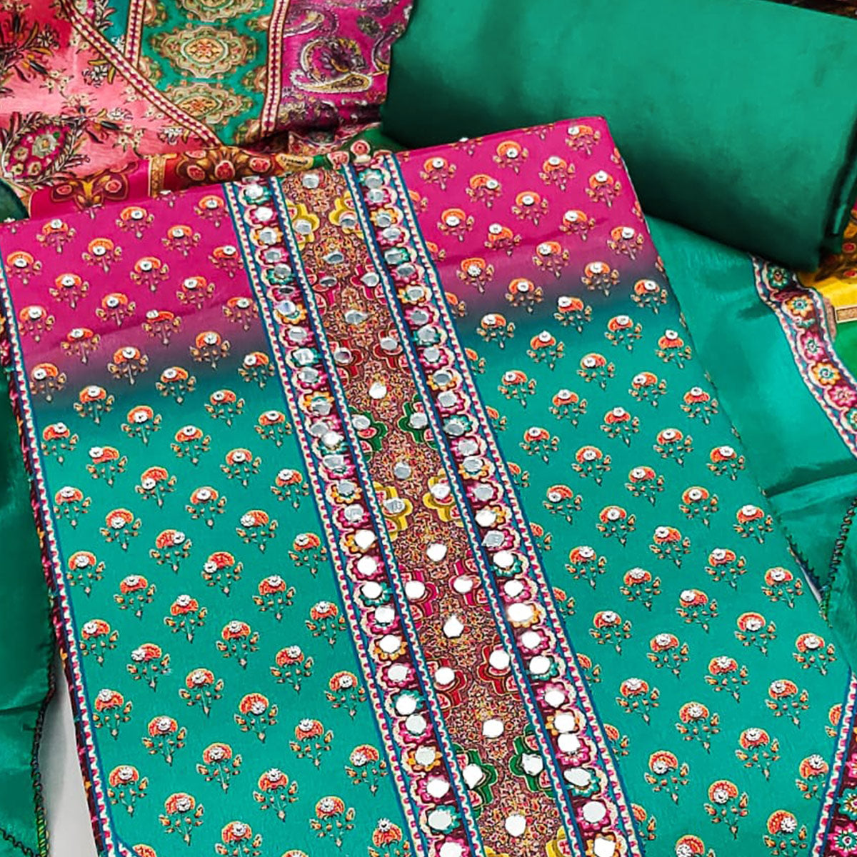 Rama Green Floral Printed Chinon Dress Material Embellished With Mirror & Stone Work