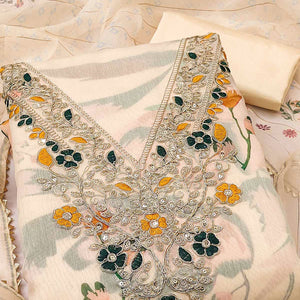 Cream Chanderi Silk Dress Material With Digital Floral Print & Cording Embroidery Work