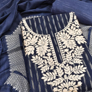 Elegant Navy Blue Floral Embroidered Cotton Blend Dress Material With Striking Striped Weaving