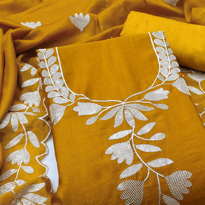 Mustard Vichitra Silk Dress Material Accented With Delicate Floral Thread Embroidery & Sequins