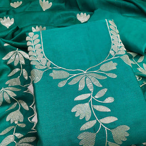 Rama Green Vichitra Silk Dress Material Accented With Delicate Floral Thread Embroidery & Sequins