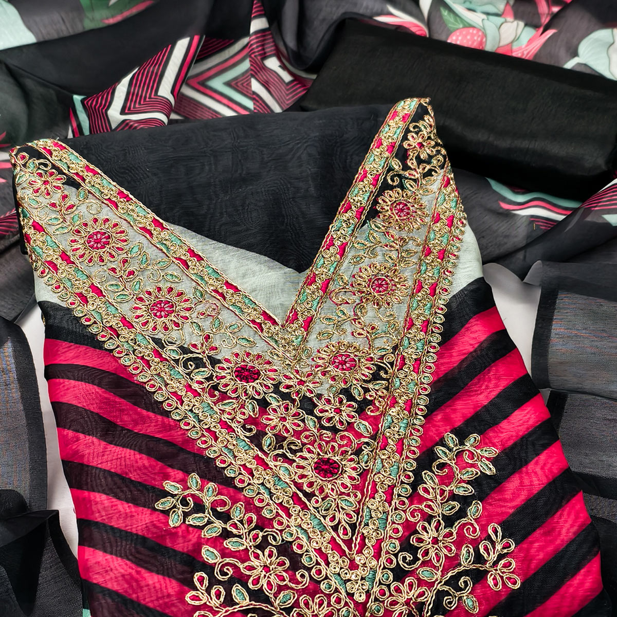 Black Floral Digital Printed With Cording Embroidered Vichitra Silk Dress Material