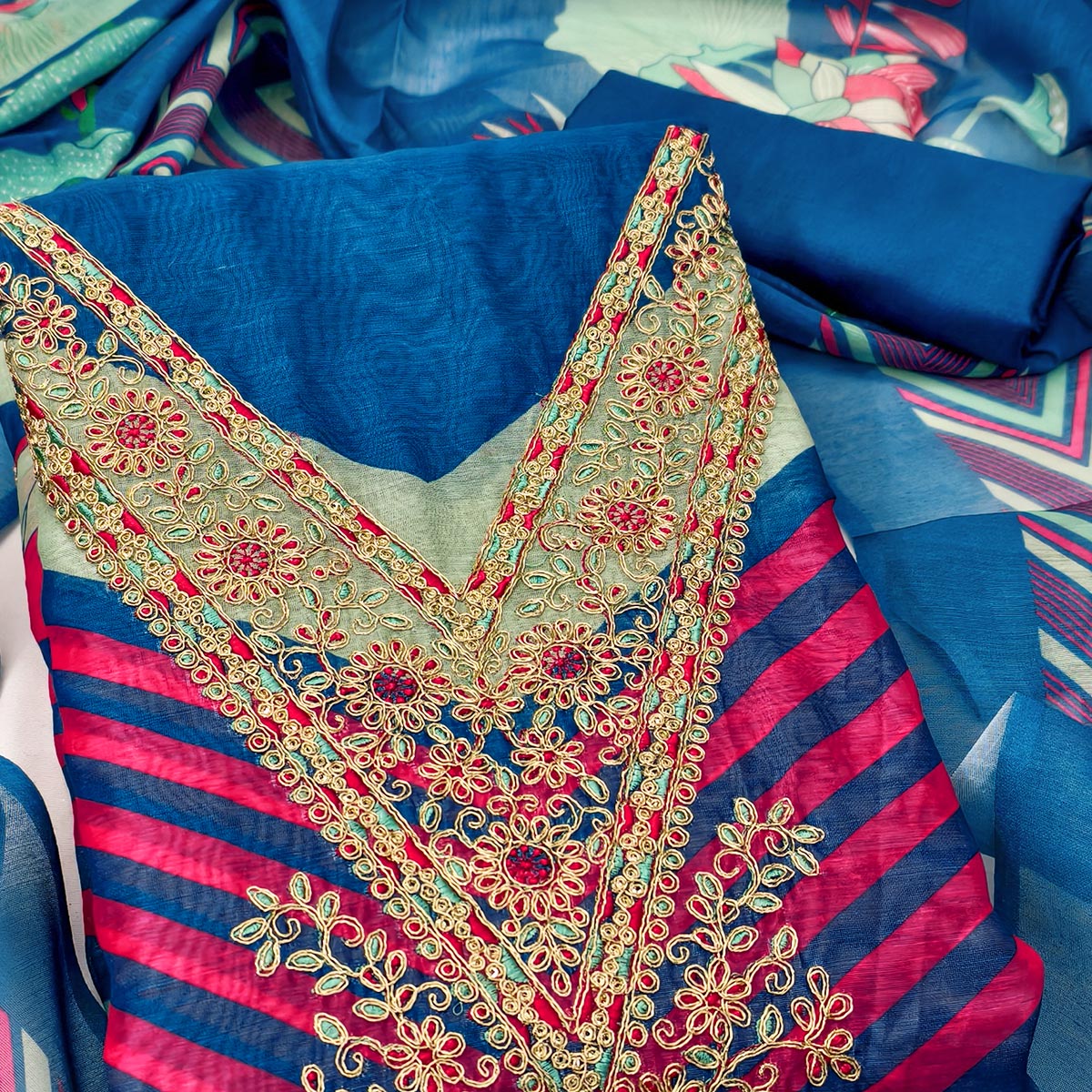 Blue Floral Digital Printed With Cording Embroidered Vichitra Silk Dress Material