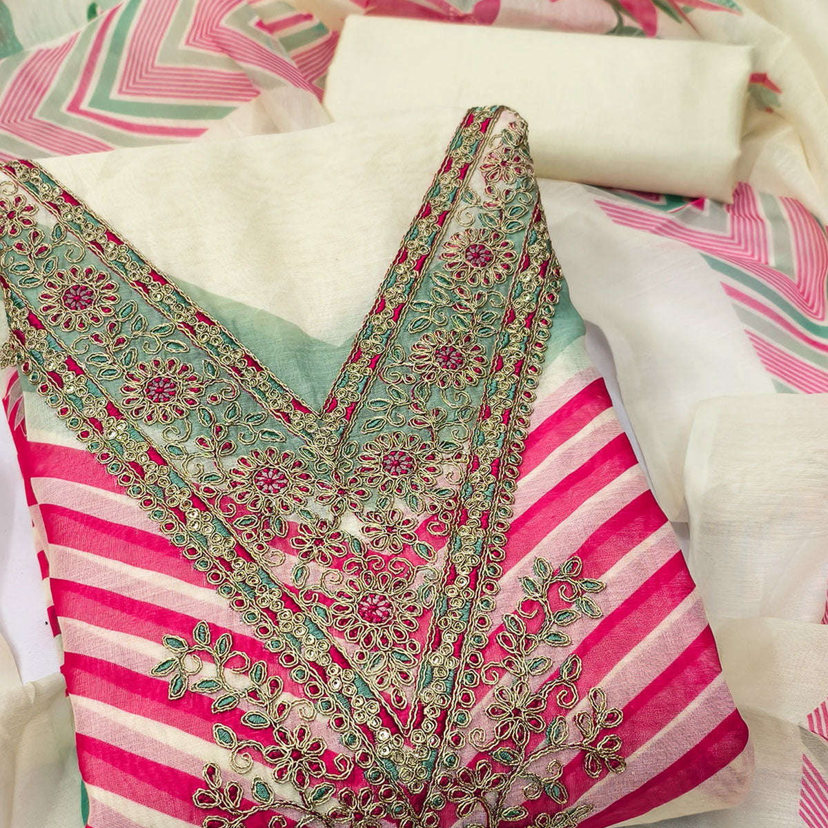 Cream Floral Digital Printed With Cording Embroidered Vichitra Silk Dress Material