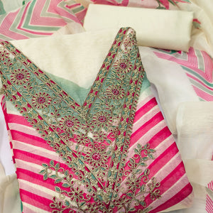 Cream Floral Digital Printed With Cording Embroidered Vichitra Silk Dress Material