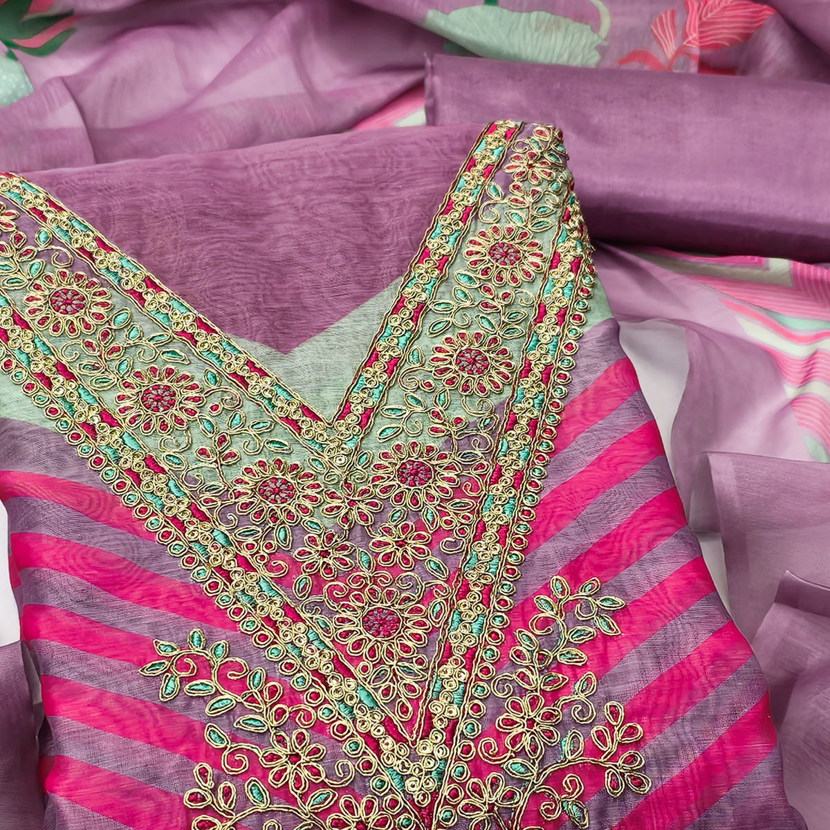 Lavender Floral Digital Printed With Cording Embroidered Vichitra Silk Dress Material