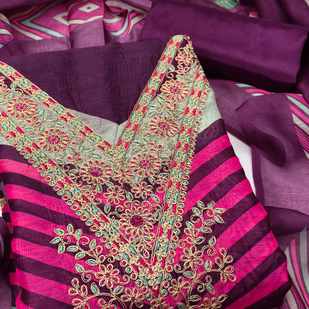 Purple Floral Digital Printed With Cording Embroidered Vichitra Silk Dress Material