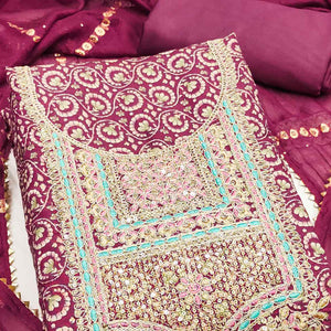 Elegant Dark Magenta Chanderi Silk Dress Material With Floral Print & Cording Embroidery