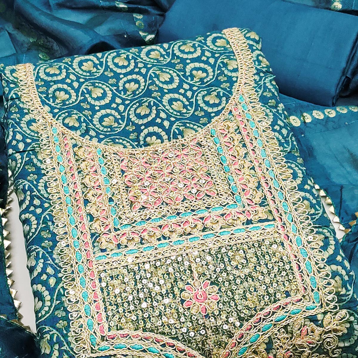 Elegant Morpich Blue Chanderi Silk Dress Material With Floral Print & Cording Embroidery