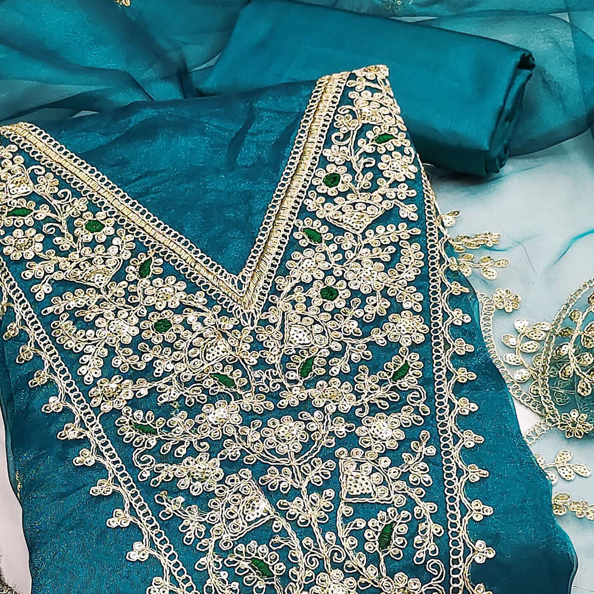 Rama Blue Organza Fabric With Delicate Floral Cording Embroidery & Shimmering Sequins Work