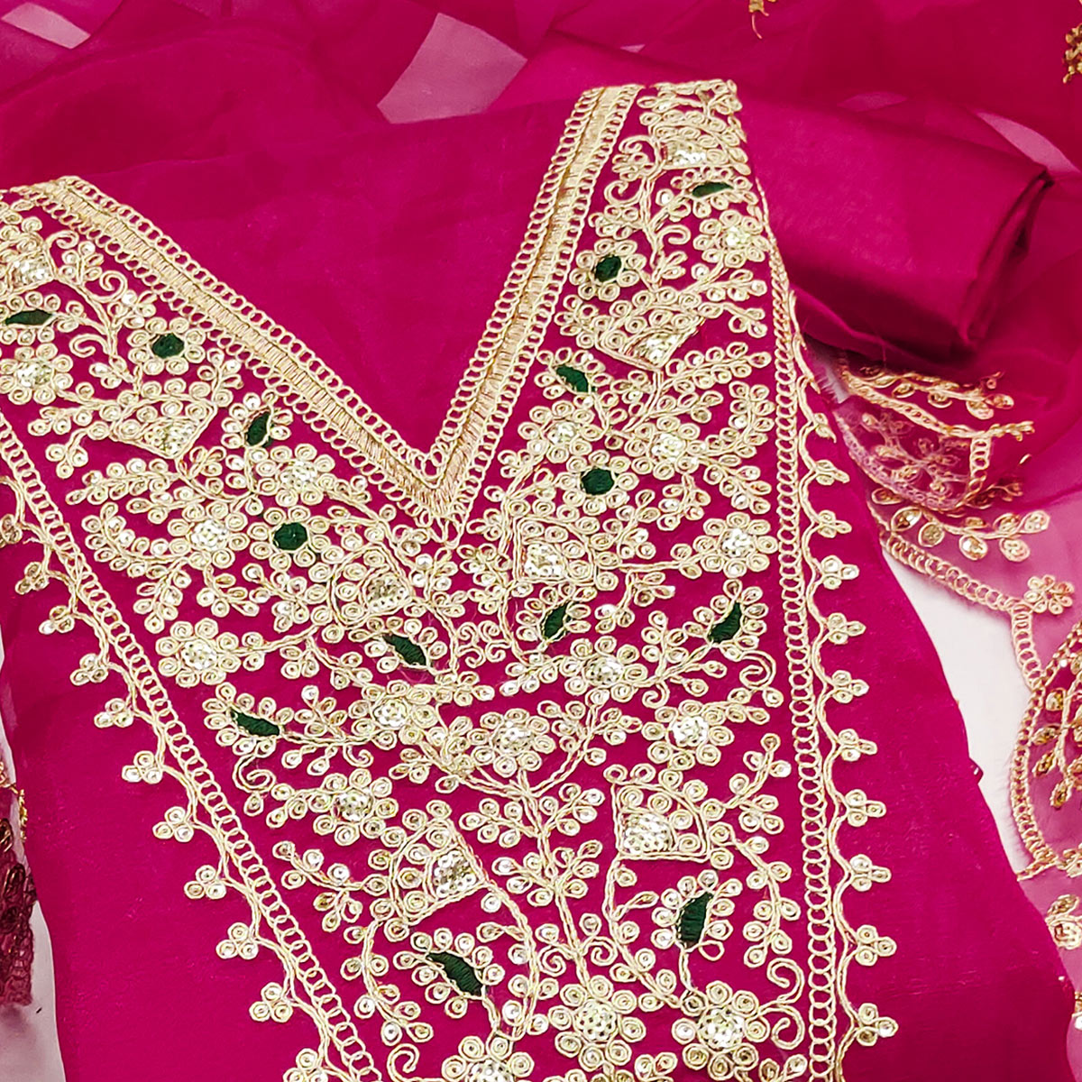 Rani pink Organza Fabric With Delicate Floral Cording Embroidery & Shimmering Sequins Work