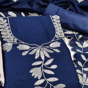 Blue Vichitra Silk Dress Material With Delicate Floral Embroidery & Shimmering Sequins Work