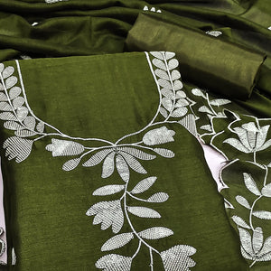 Mehendi Green Vichitra Silk Dress Material With Delicate Floral Embroidery & Shimmering Sequins