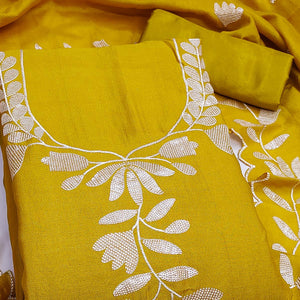 Mustard Vichitra Silk Dress Material With Delicate Floral Embroidery & Shimmering Sequins Work