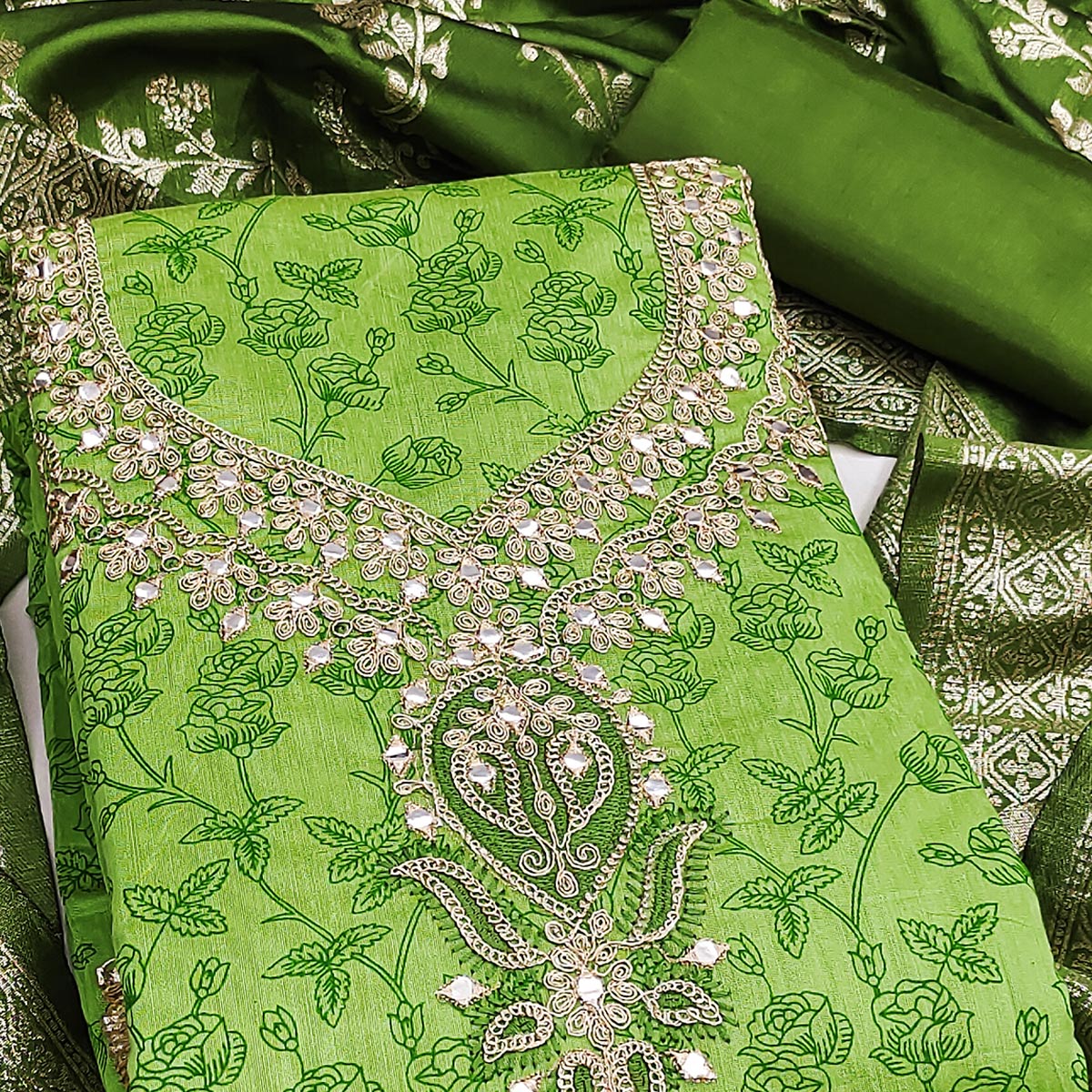 Green Chanderi Silk Dress Material Featuring Floral Print & Cording Embroidered Detailing