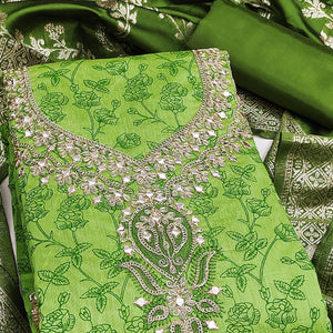 Green Chanderi Silk Dress Material Featuring Floral Print & Cording Embroidered Detailing
