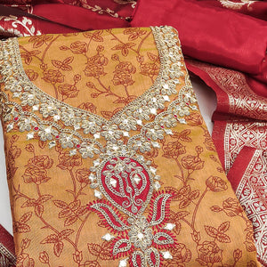 Orange Chanderi Silk Dress Material Featuring Floral Print & Cording Embroidered Detailing