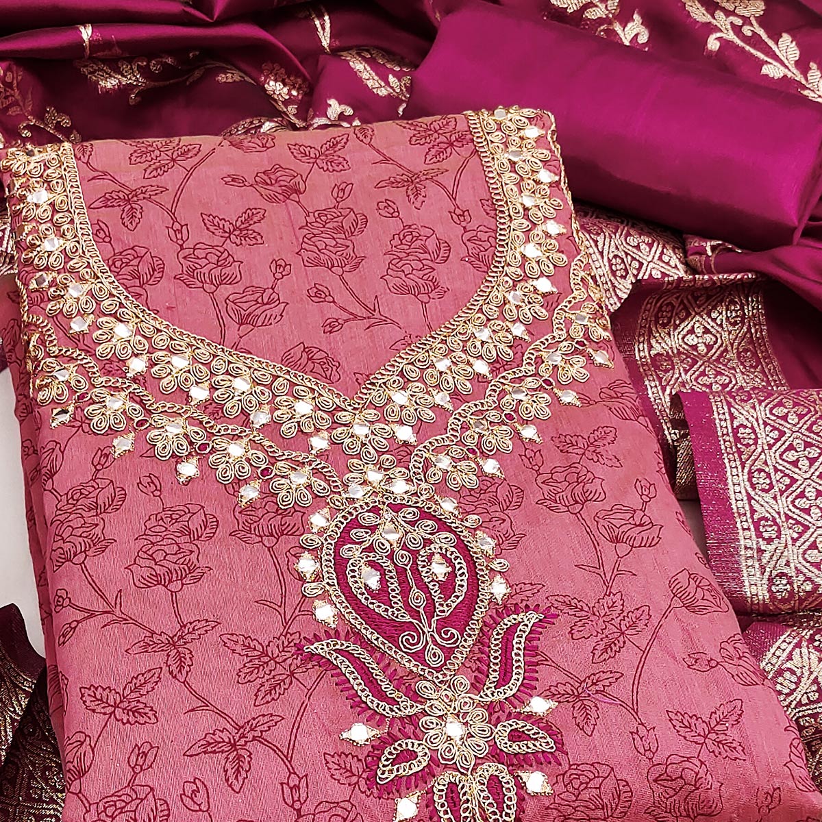 Pink Chanderi Silk Dress Material Featuring Floral Print & Cording Embroidered Detailing