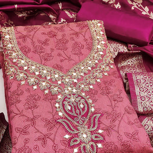 Pink Chanderi Silk Dress Material Featuring Floral Print & Cording Embroidered Detailing