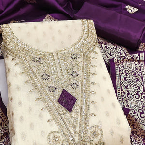Cream & Purple Floral Butti Weaving With Intricate Cording Embroidered Shimmer Dress Material
