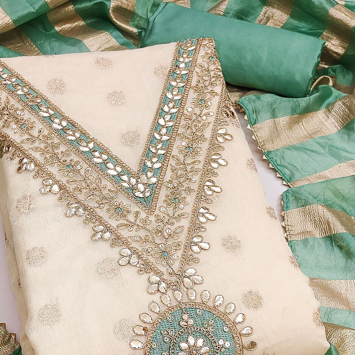 Cream & Green Floral Butti Woven Shimmer Dress Material With Cording Embroidered Detailing