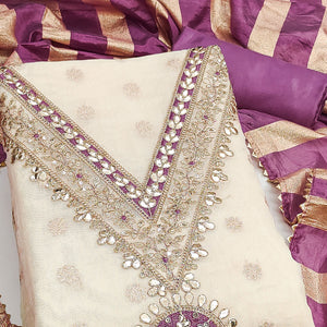 Cream & Purple Floral Butti Woven Shimmer Dress Material With Cording Embroidered Detailing