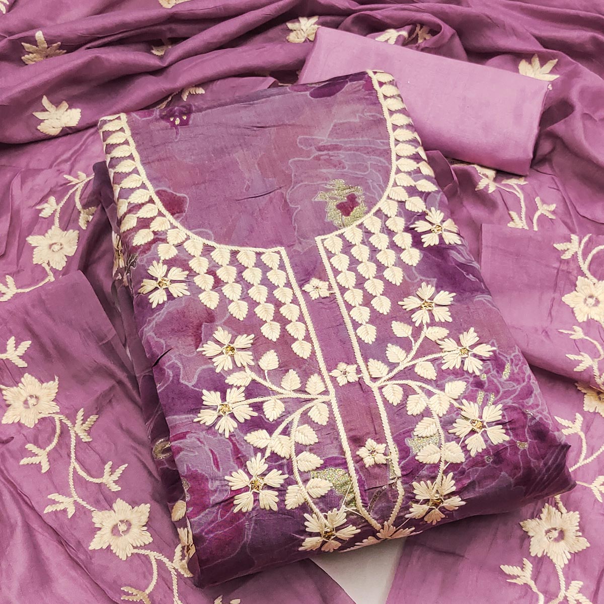Graceful Pink Floral Embroidered Chanderi Cotton Dress Material