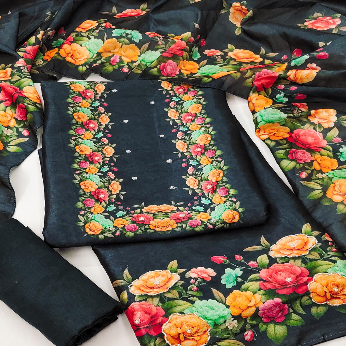 Stylish Black Assam Art Silk Dress Material Accented With Floral Digital Print & Khatli Work