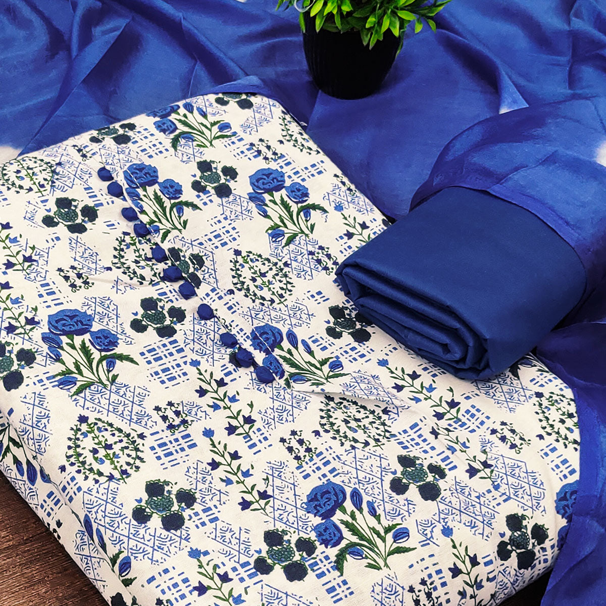 Lightweight Cream & Blue Cotton Dress Material with Beautiful Floral Print Detailing