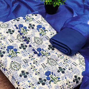 Lightweight Cream & Blue Cotton Dress Material with Beautiful Floral Print Detailing