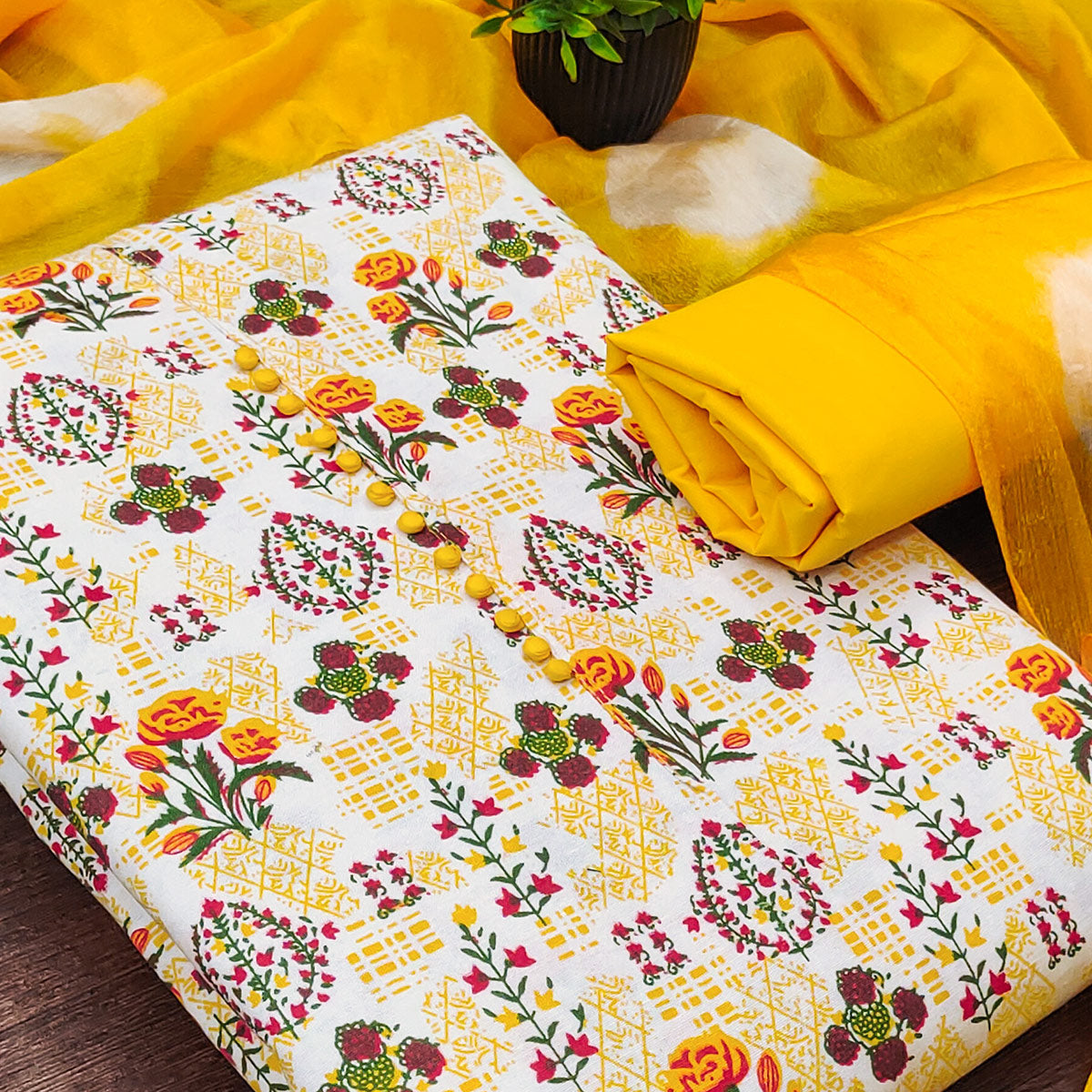 Lightweight Cream & Yellow Cotton Dress Material with Beautiful Floral Print Detailing