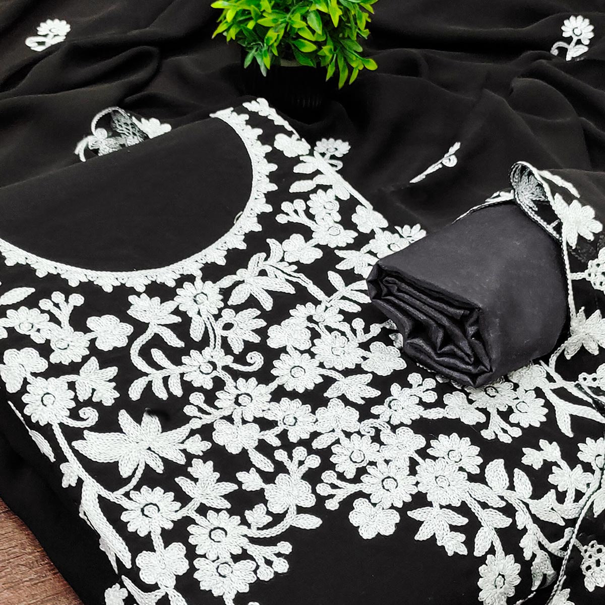 Designer Black Floral Embroidered Georgette Material for Stylish Dresses and Outfits