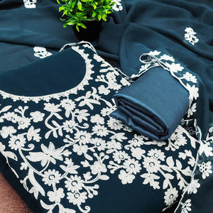 Designer Dark Teal Floral Embroidered Georgette Material for Stylish Dresses and Outfits