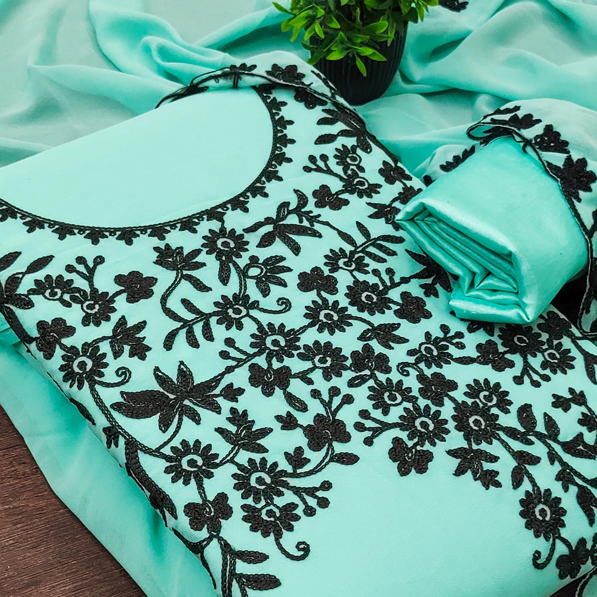 Designer Turquoise Floral Embroidered Georgette Material for Stylish Dresses and Outfits
