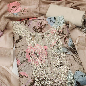 Brown Floral Digital Printed Cotton Blend Dress Material With Sparkling Sequins Embroidery