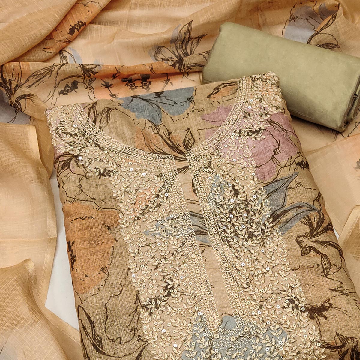 Chikoo Floral Digital Printed Cotton Blend Dress Material With Sparkling Sequins Embroidery