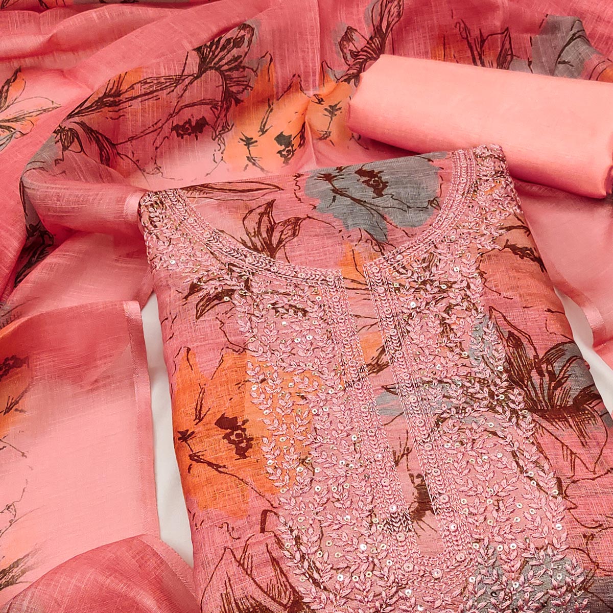 Pink Floral Digital Printed Cotton Blend Dress Material With Sparkling Sequins Embroidery