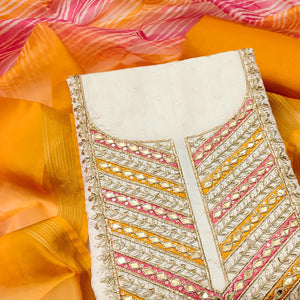 Offwhite & Orange Butti Weaving Chanderi Silk Dress Material Enhanced With Cording Embroidery