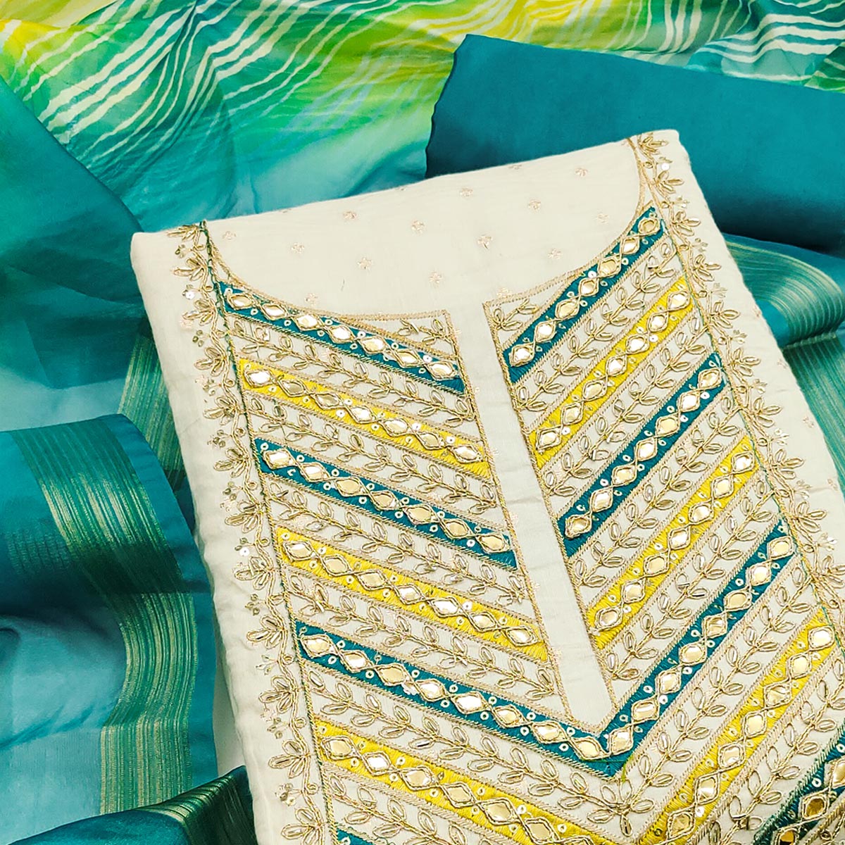 Offwhite & Turquoise Butti Weaving Chanderi Silk Dress Material Enhanced With Cording Embroidery