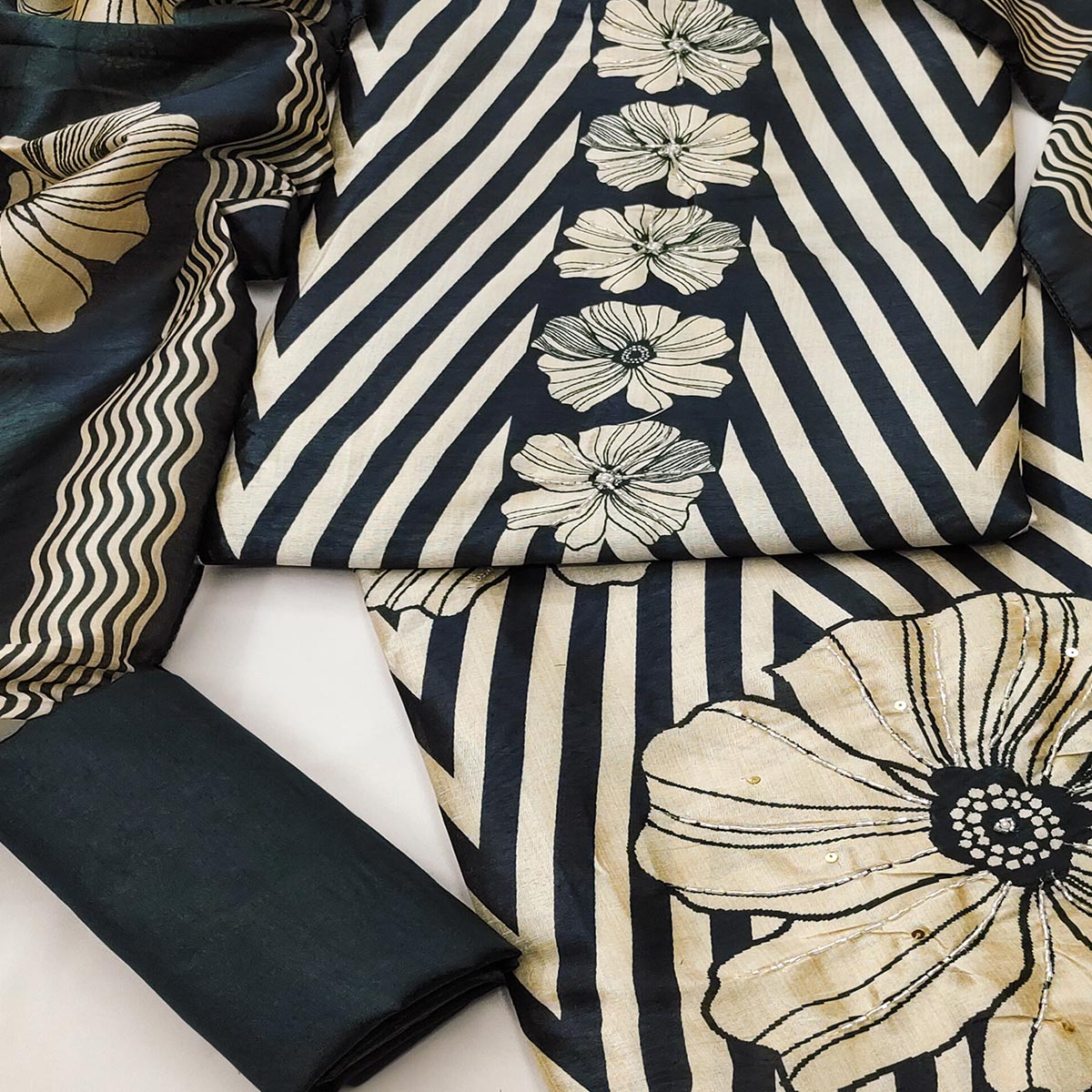 Black Floral Digital Printed Assam Art Silk Dress Material Adorned With Beads & Sequins Work