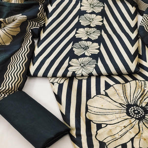 Black Floral Digital Printed Assam Art Silk Dress Material Adorned With Beads & Sequins Work