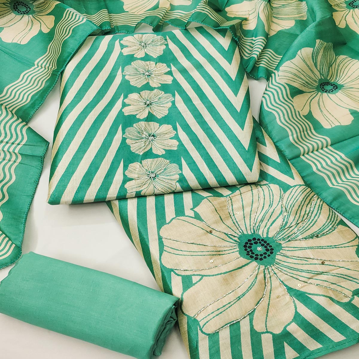 Rama Green Floral Digital Printed Assam Art Silk Dress Material Adorned With Beads & Sequins Work