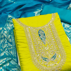 Graceful Green Silk Blend Dress Material Featuring Floral Cording Embroidery With Sequins Detailing