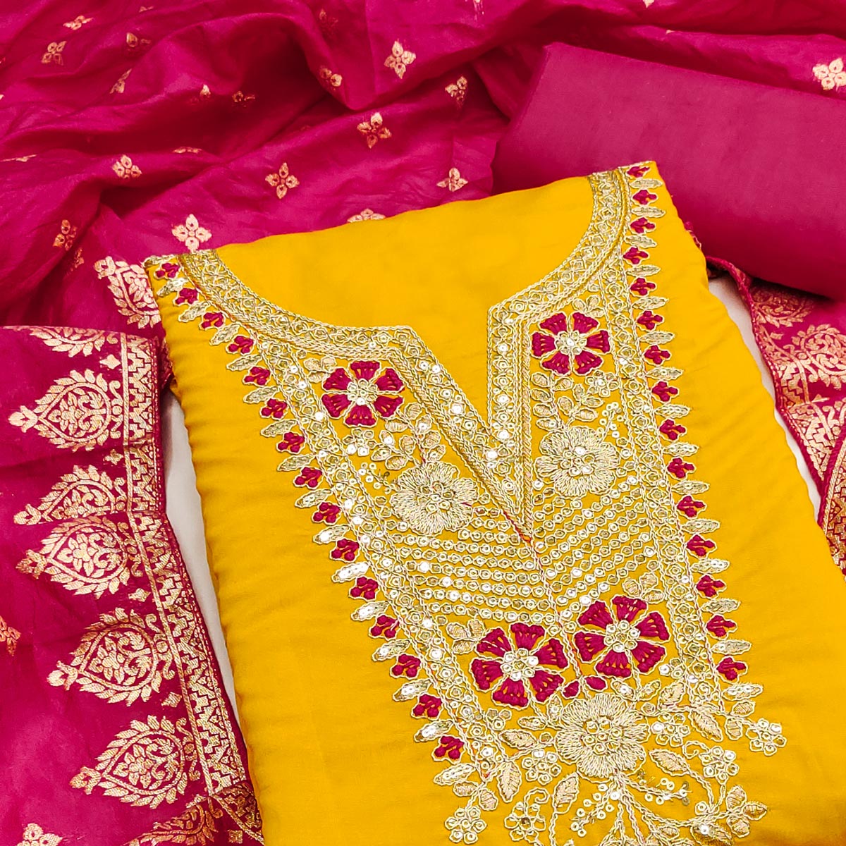 Graceful Mustard Silk Blend Dress Material Featuring Floral Cording Embroidery With Sequins Detailing