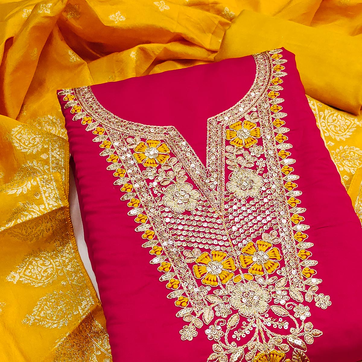 Graceful Pink Silk Blend Dress Material Featuring Floral Cording Embroidery With Sequins Detailing