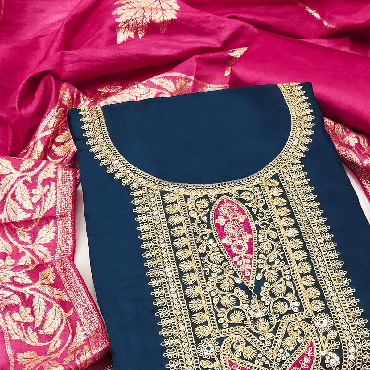 Stylish Blue Floral Cording Embroidered Silk Blend Dress Material Accented With Sequins Work