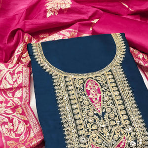 Stylish Blue Floral Cording Embroidered Silk Blend Dress Material Accented With Sequins Work