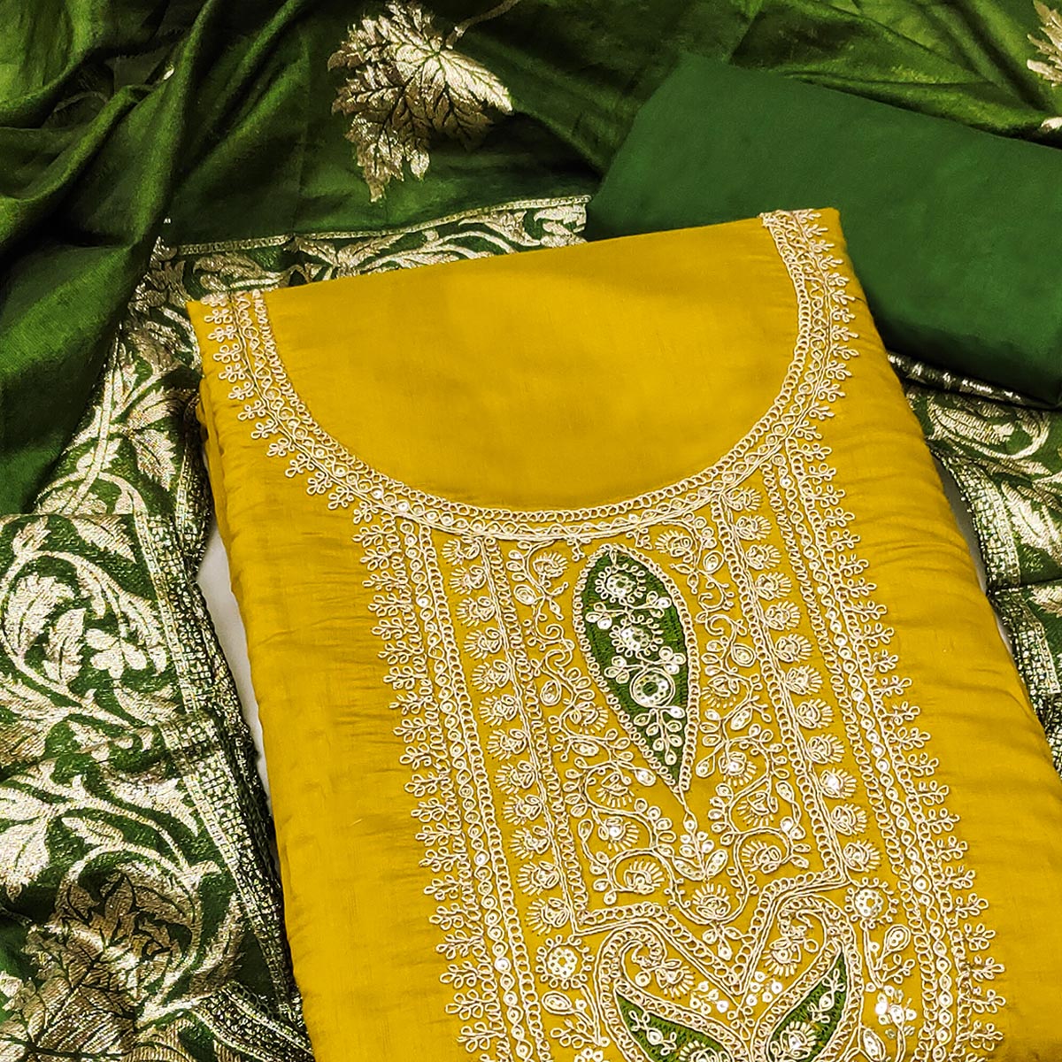 Stylish Mustad Floral Cording Embroidered Silk Blend Dress Material Accented With Sequins Work